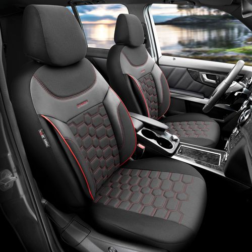 FUNDAS CUBRE ASIENTO IMPORTADAS GUZMAN CARBON NEGRO CON ROJO